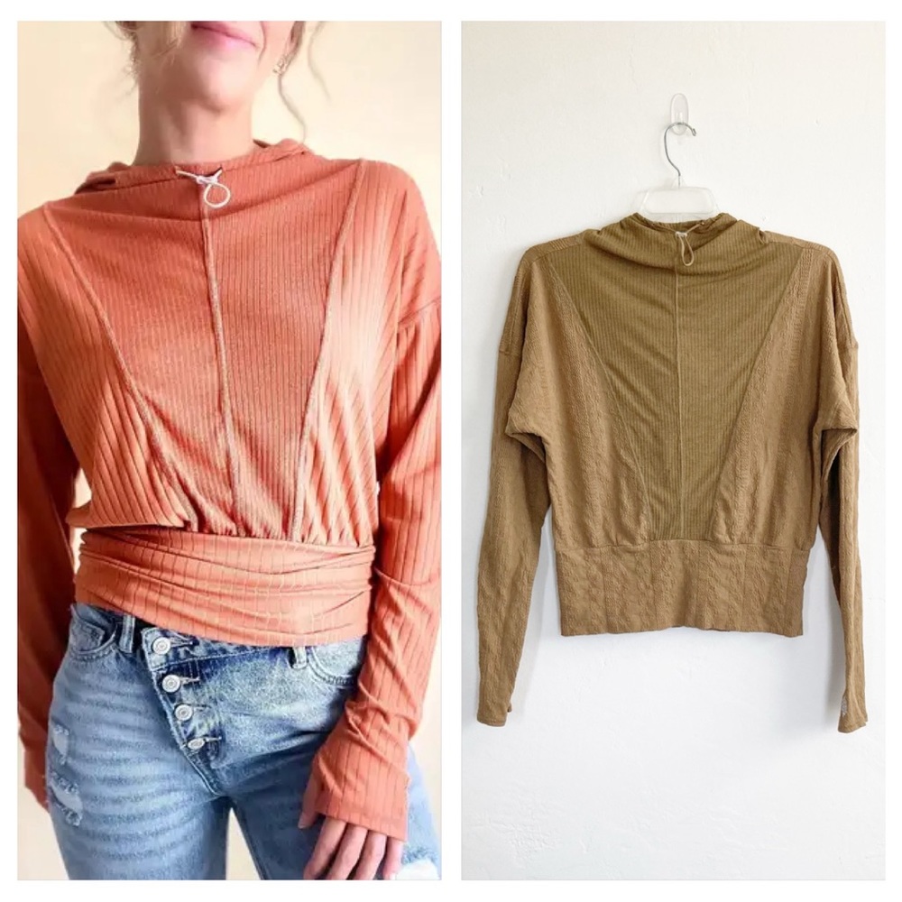 Free People Tap In Cable Pullover Hoodie Sweatshirt Bistro Bronze Large